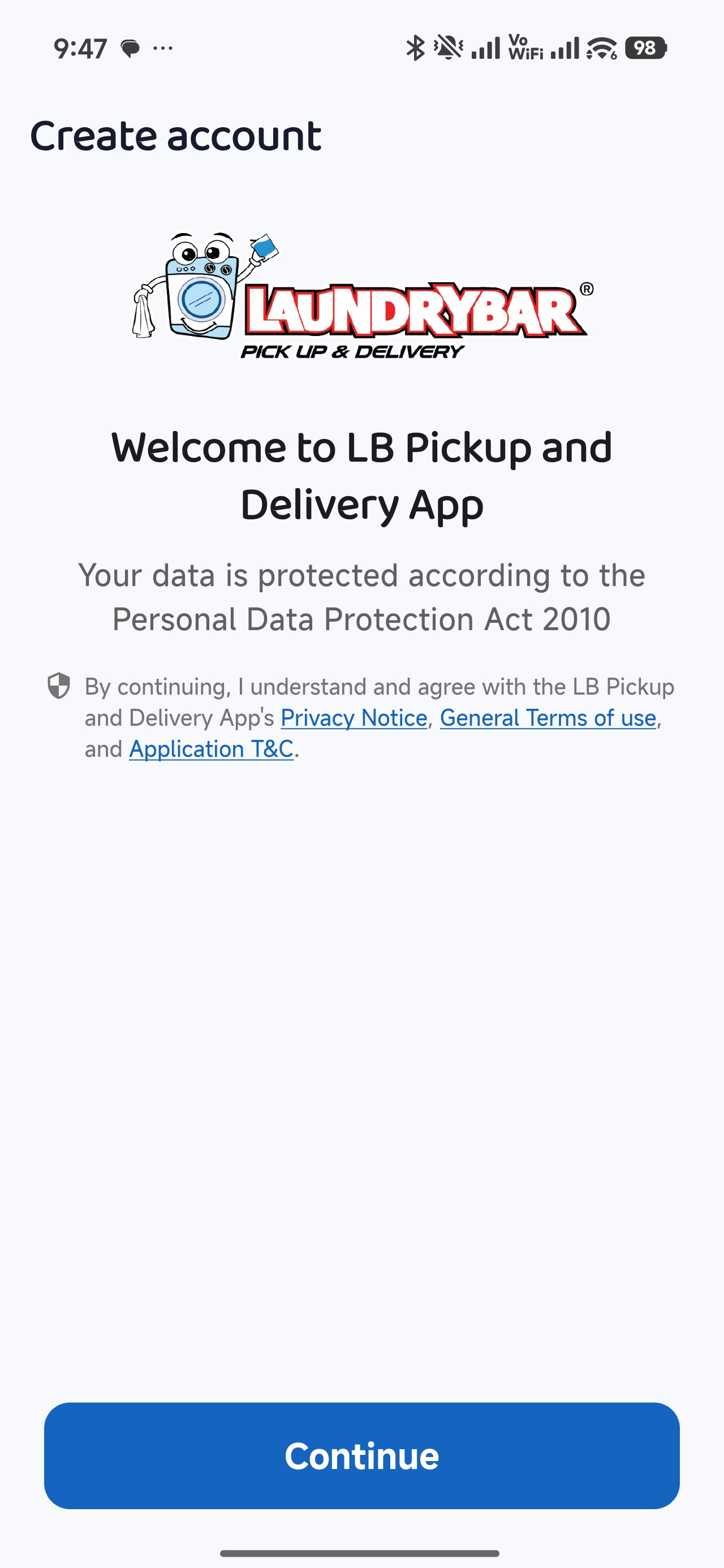 Sign up screen