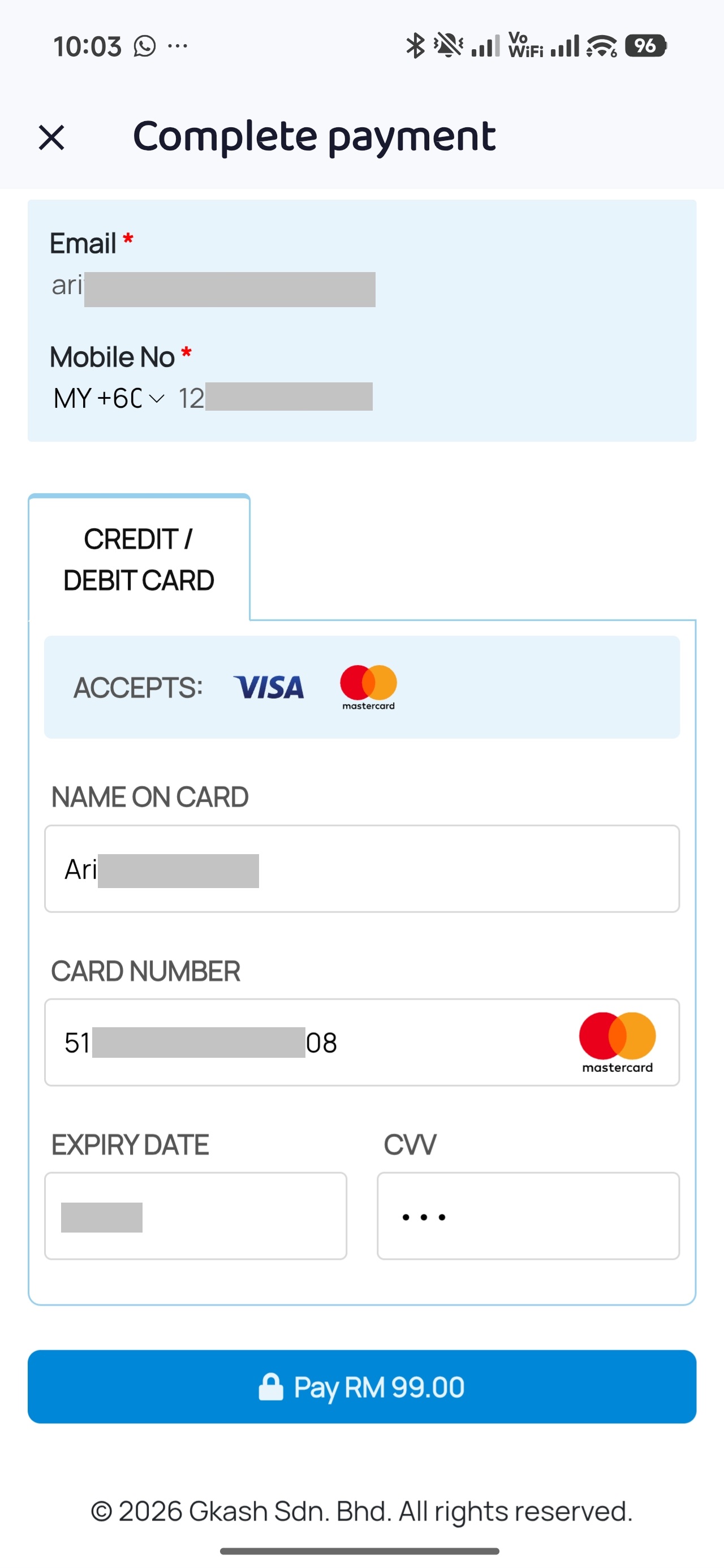 Card payment page